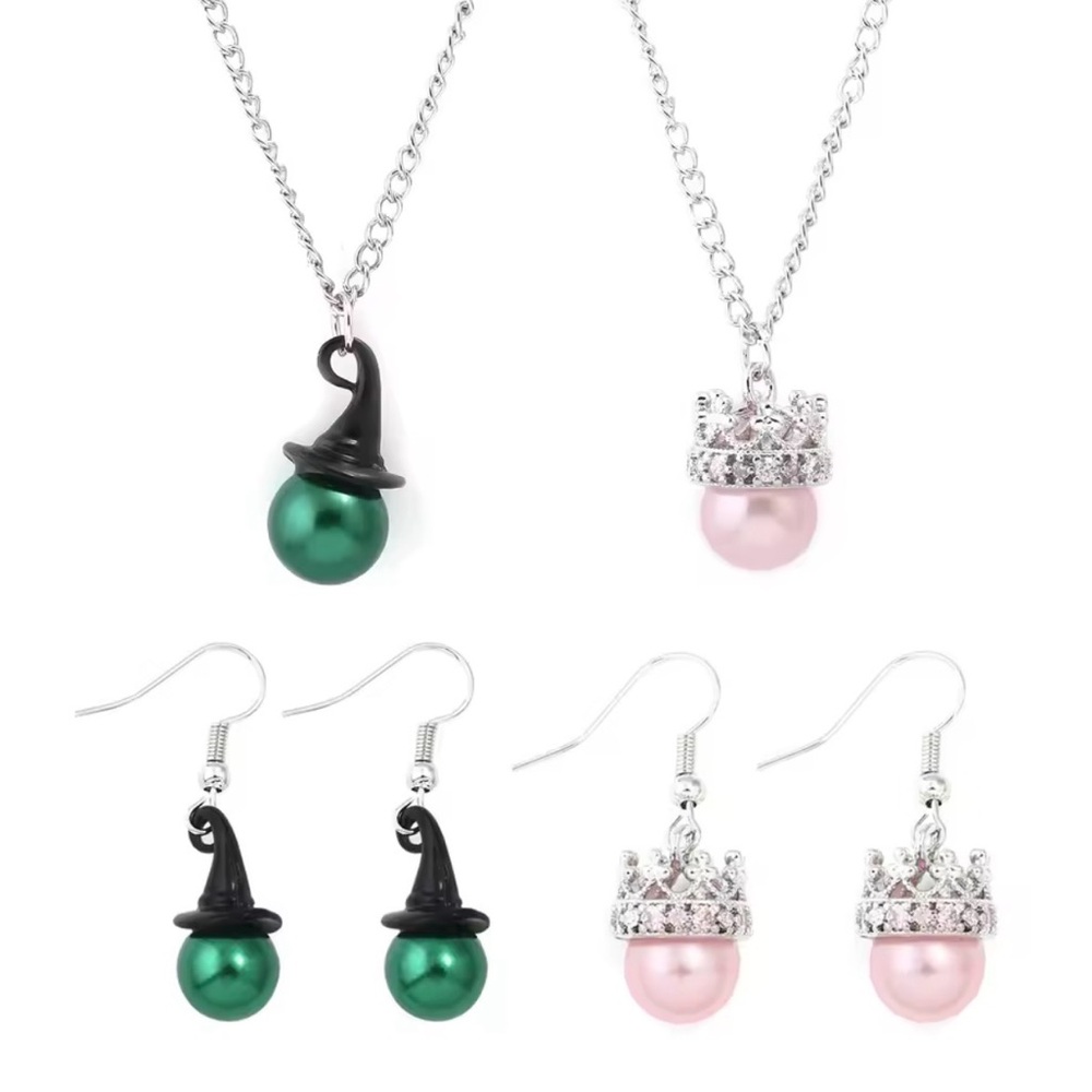 Wicked Glenda The Good Witch Faux Pink Pearl Necklace & Earrings Set Silver Tone - Picture 11 of 13